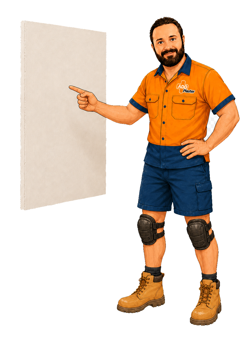 Cartoon Greg showing a finished wall in summer workwear